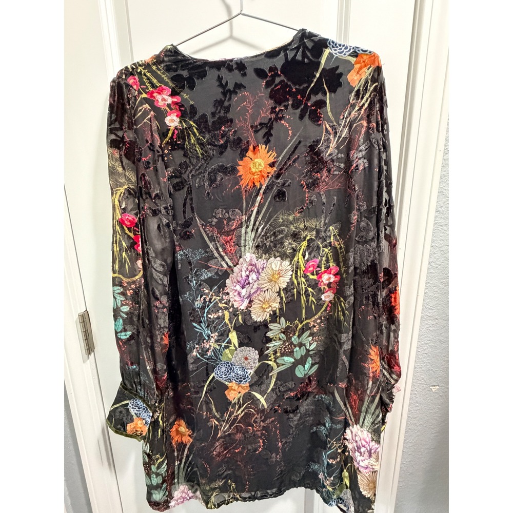 Hale Bob Floral Burnout Velvet Trim Tunic Dress Black Silk Blend 98RD6738 L - Picture 5 of 5